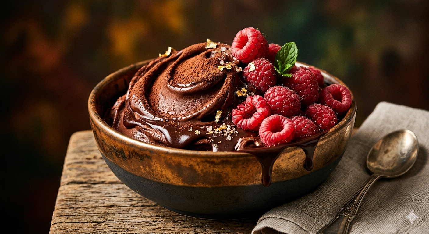 Bowl of chocolate ice cream overflowing with syrup and cherries