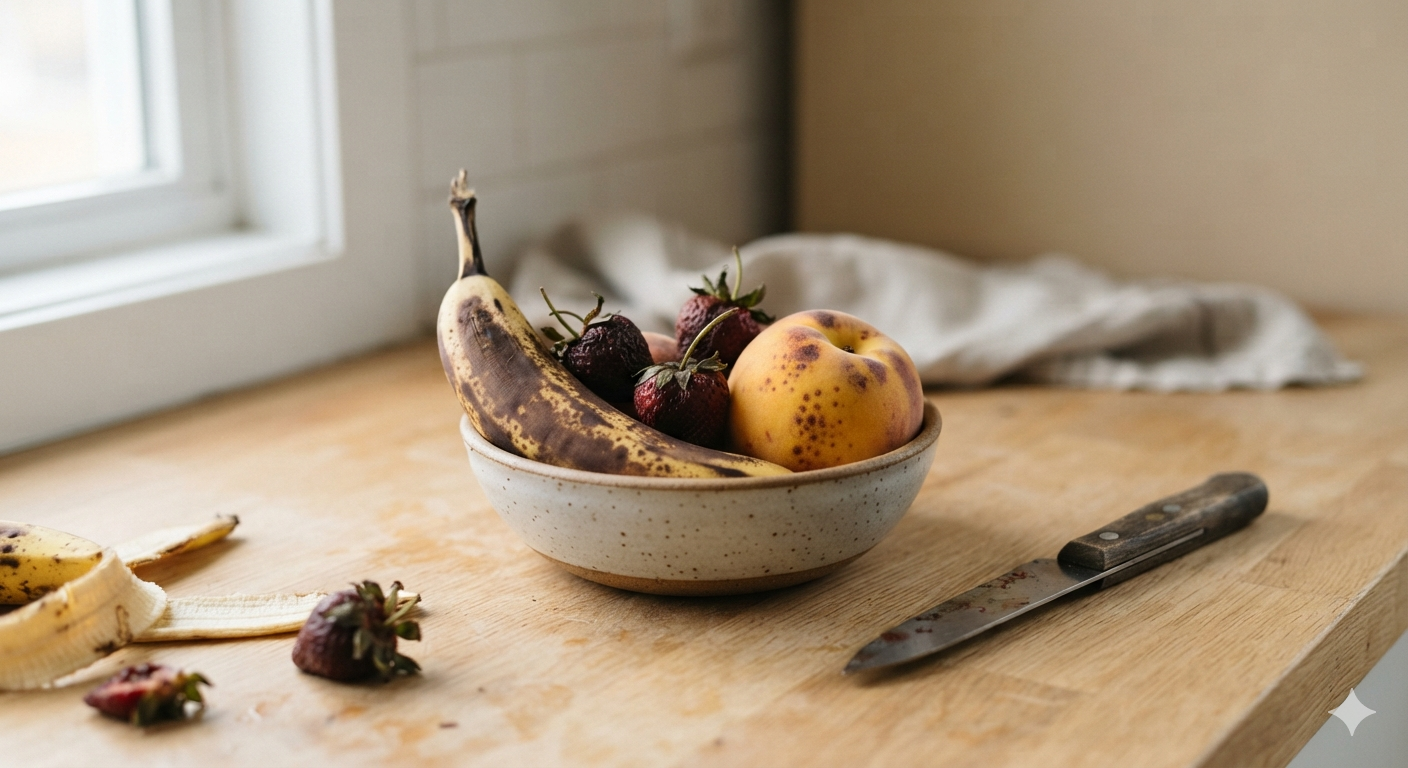 Bowl of overripe fruit and peels on a kitchen counter
